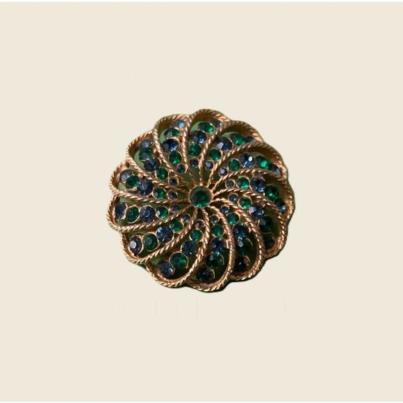 Vintage Blue & Green Rhinestone Spiral Brooch Gold-Tone Filigree Swirl Pin MCM - Picture 3 of 4